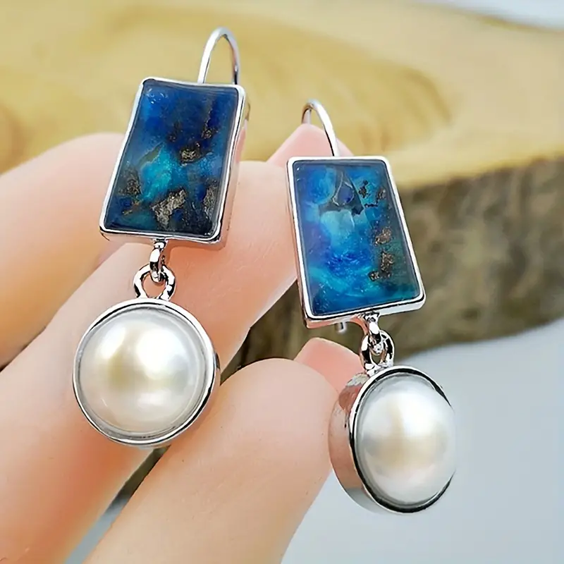 Men\'s New Blue Ocean Stone Earrings Faux Pearl Earrings - Temu