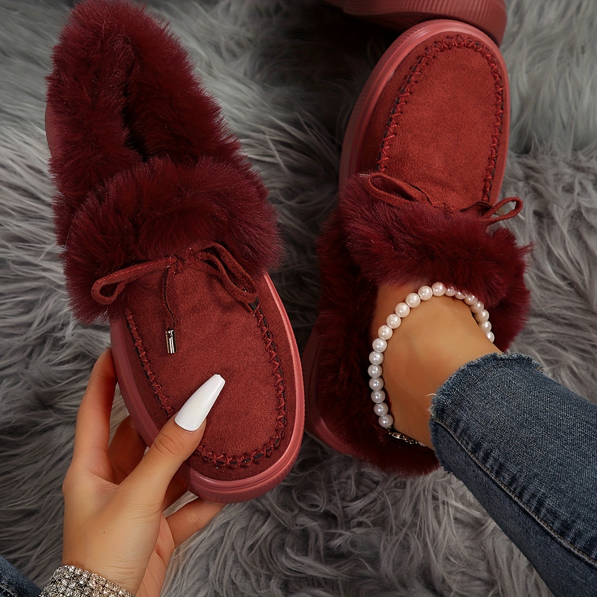 Women s Fluffy Fleece Lining Snow Boots Solid Color Bowknot Slip On Ankle Boots Cozy Winter Warm Flat Boots details 6