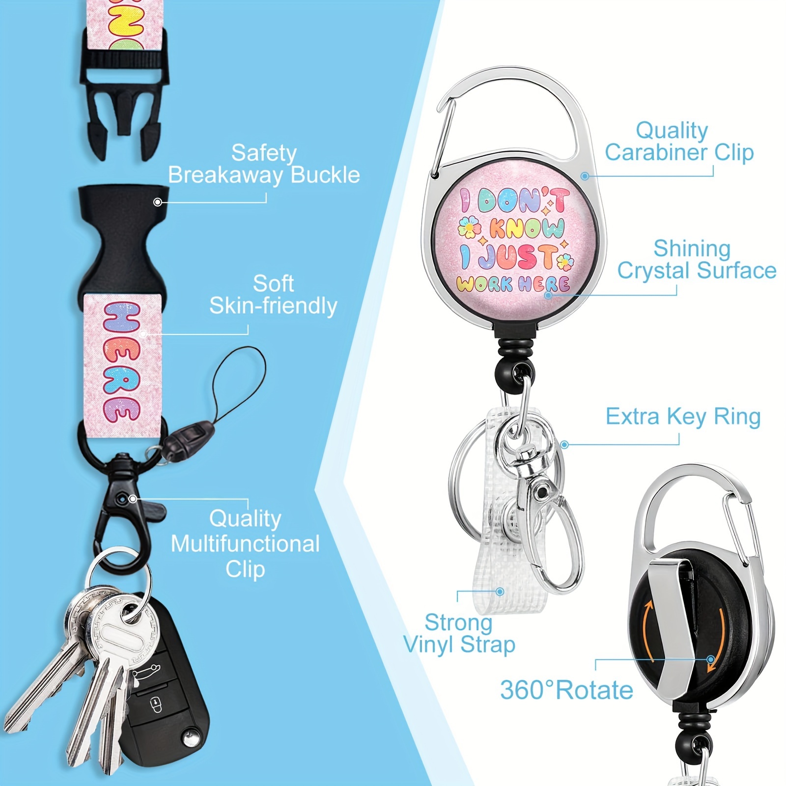 2 Lanyards + 2 Retractable Badge Reel With Clip And Key Ring For ID Card Holders