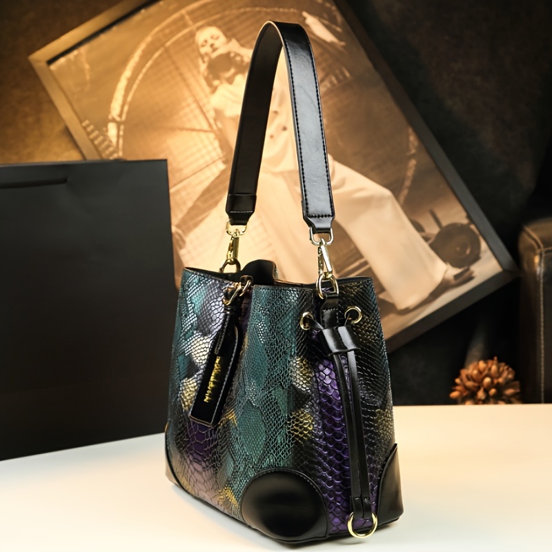 Women's Vintage Snake Pattern Bucket Handbag Purse