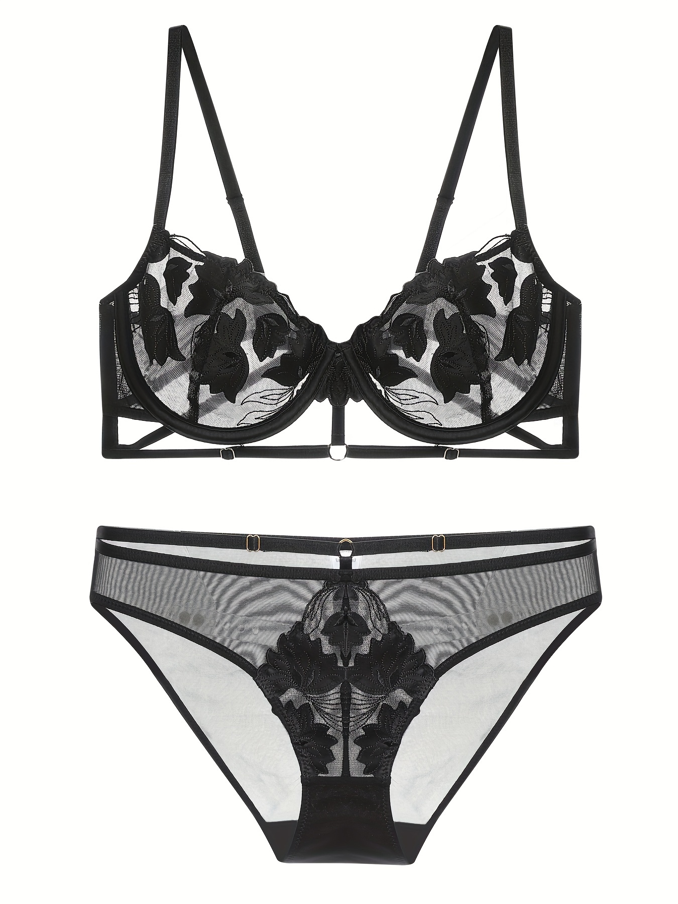 Sheer Lace Matching Lingerie Set, Push Up Underwire Bra & Low Cut Bikini  Panties, Women's Lingerie & Underwear