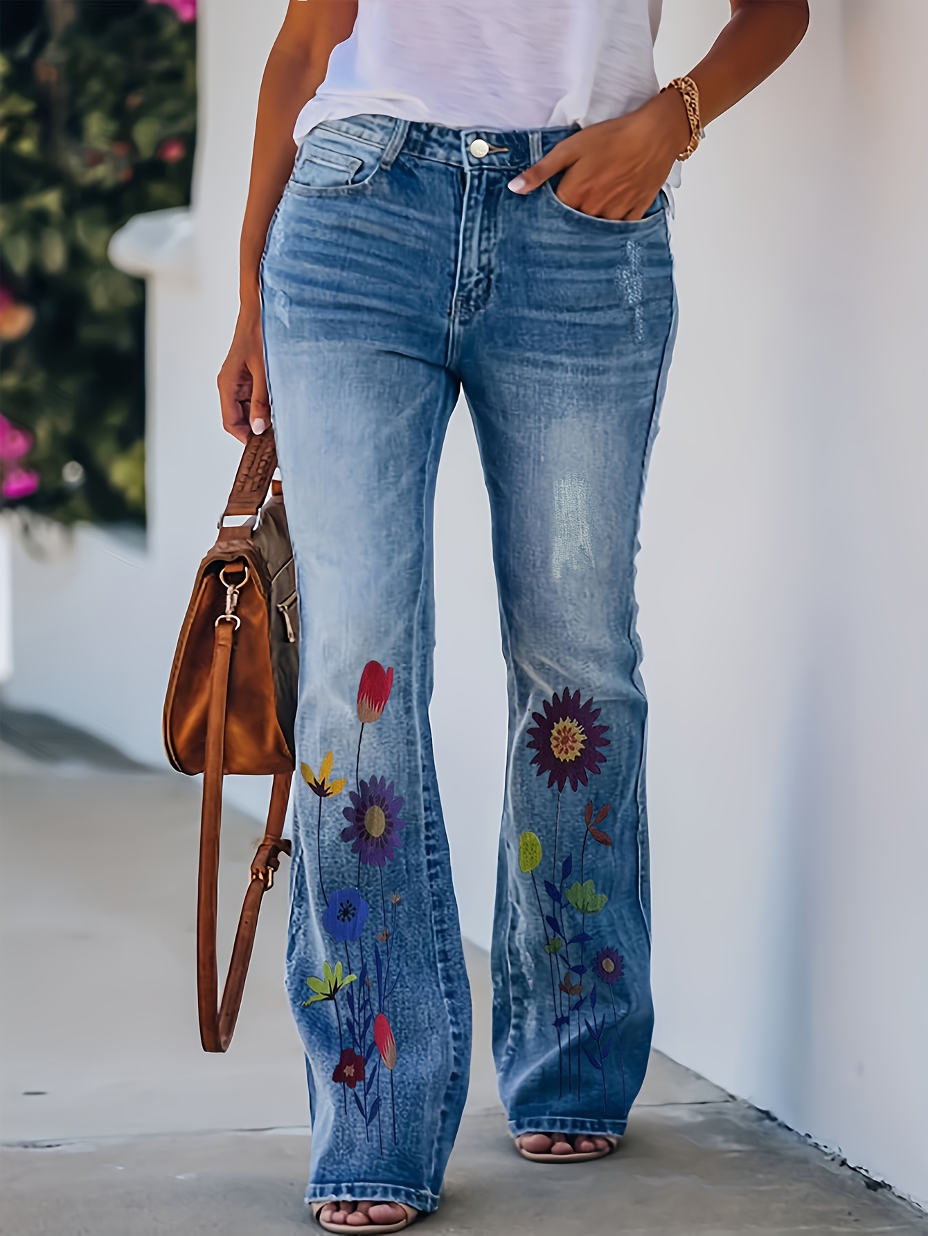 Womens Flared Bell Bottom Jeans for Women Stretch Floral