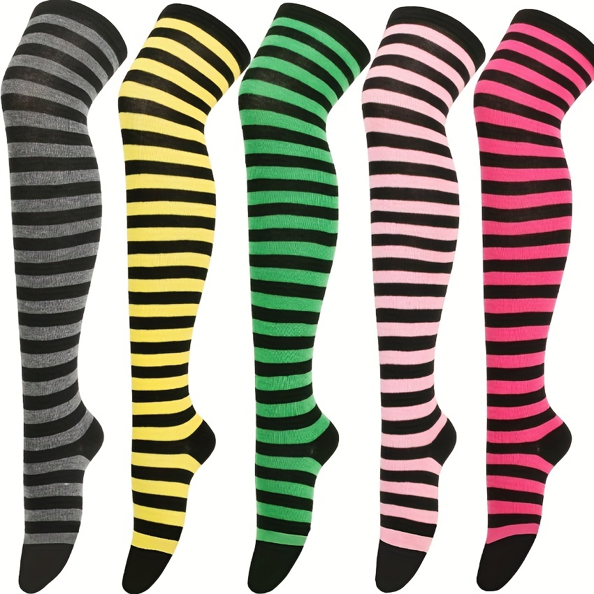 Paquete de 6 calcetines hasta la rodilla de color neón con rayas blancas,  Varios colores
