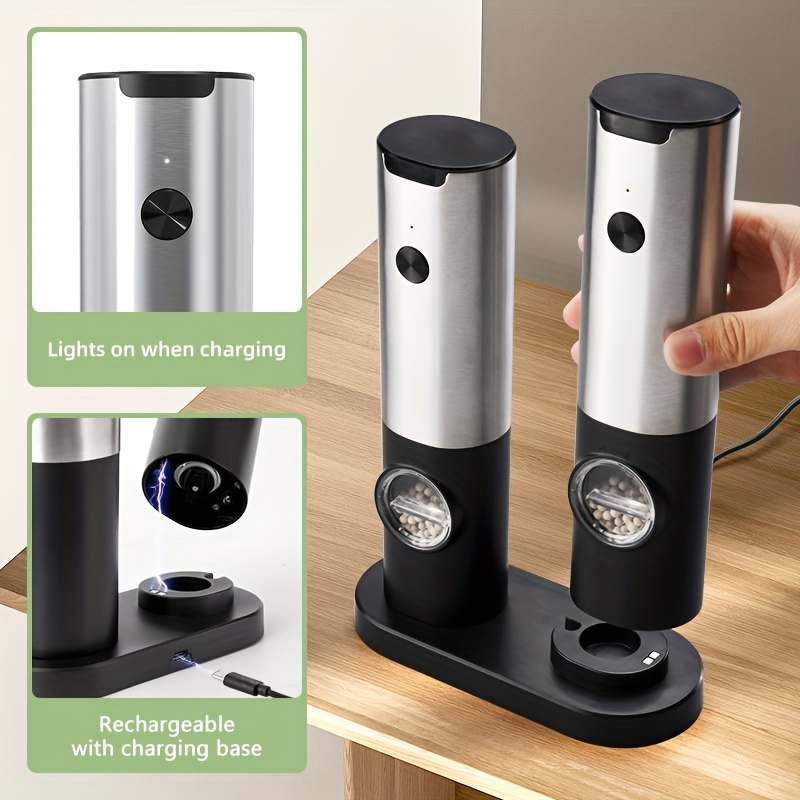 Rechargeable Electric Salt And Pepper Grinder Set With Charging Base  Stainless Steel Automatic Salt Spice Grinder