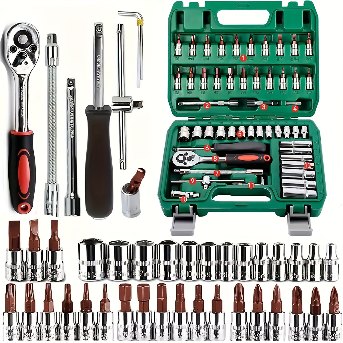 

53-piece Drive Socket Set, Sae And Metric Hex Bit Socket Set, Ratchet Wrench Set With S2 & Cr-v Sockets, Mechanic Tool Kits For Auto Repair
