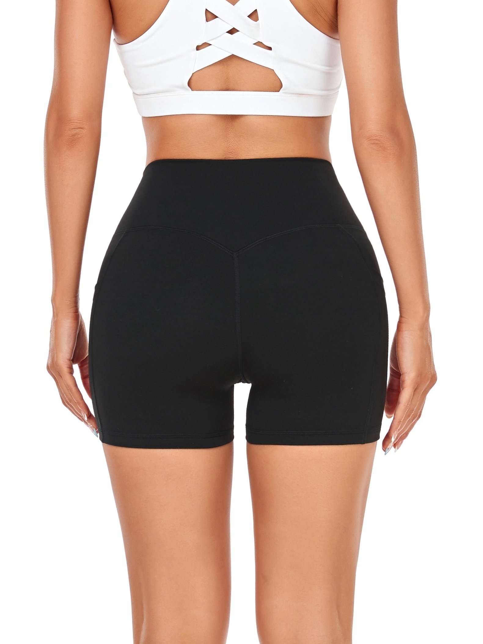 cross waist sweat absorbing yoga biker shorts high waist solid sport shorts with pocket womens activewear