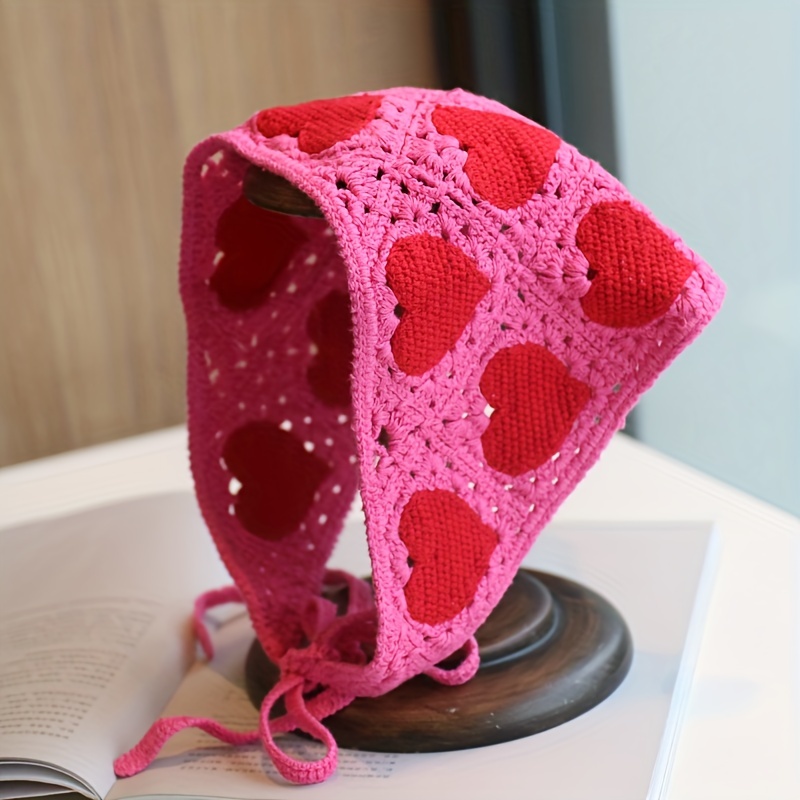 

1pc Y2k Red Heart Crochet Bandana Sweet Triangle Hair Scarf Headband Pastoral Style Hair Accessories For Women