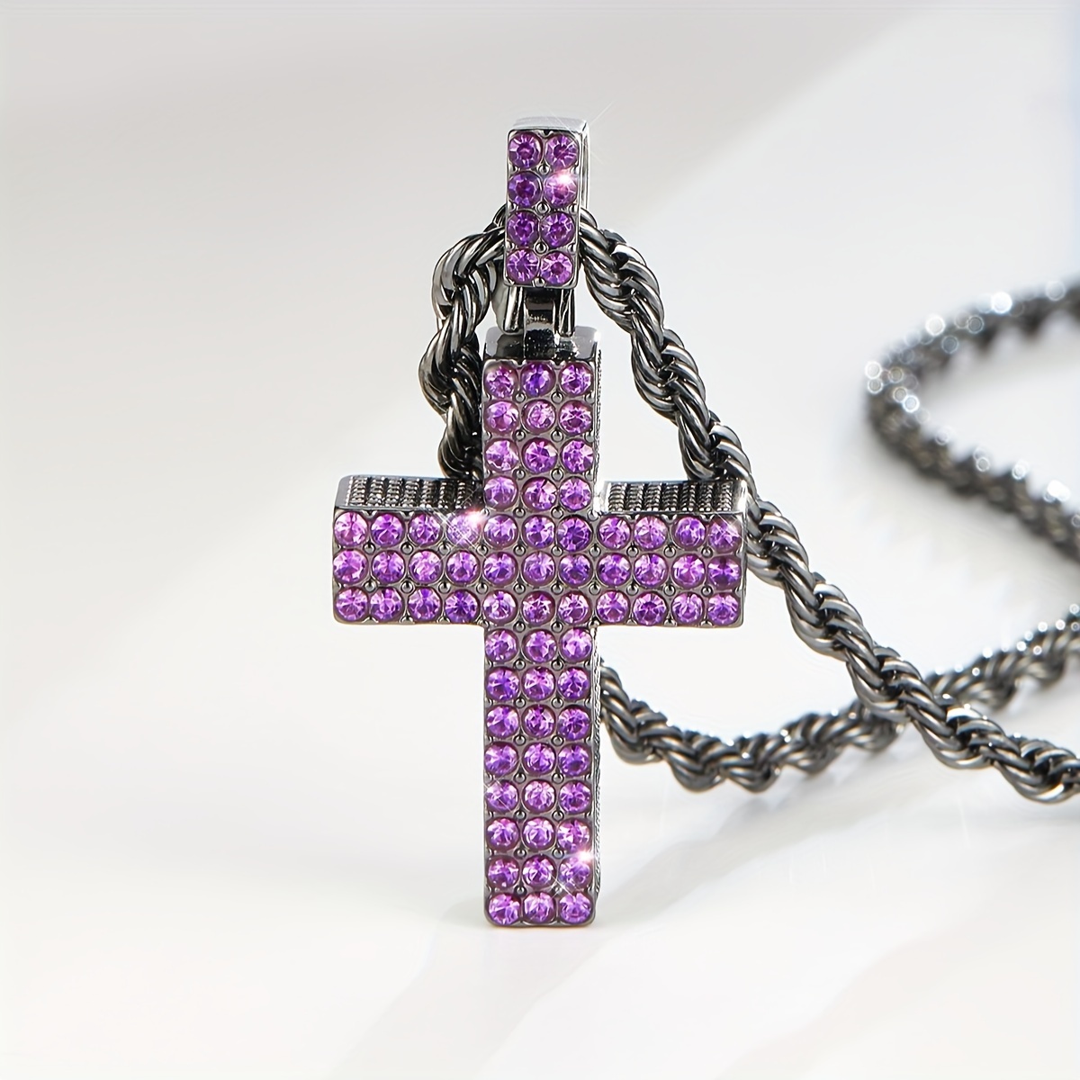 1pc Punk Iced Purple Cross Pendant Necklace, Hiphop Purple Cuban Link  Chain, With Black Stainless Steel Chain, Christmas Gift Jewelry Set, For  Men And