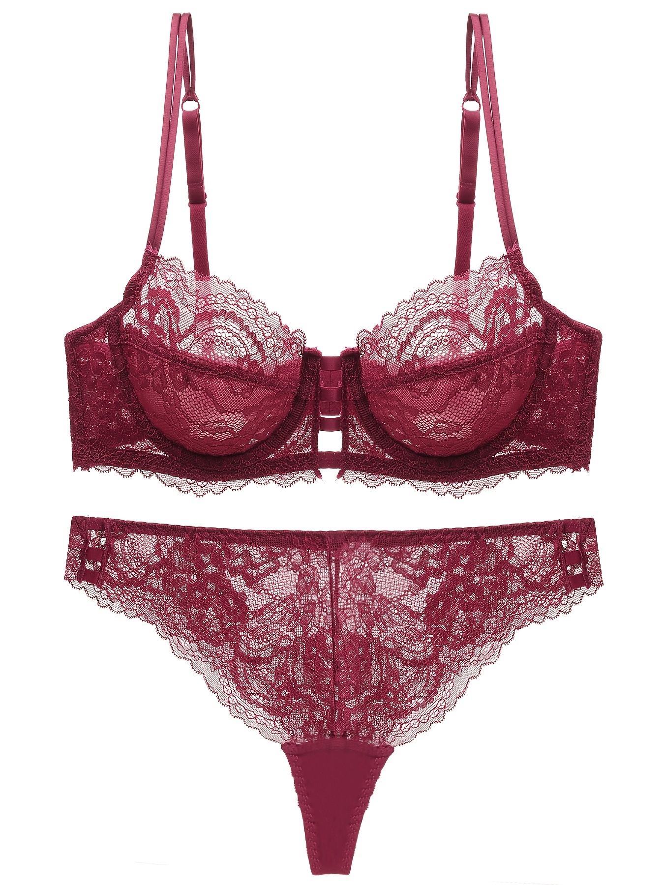 Contrast Lace Bra & Panties, Semi-sheer Push Up Bra & Mesh Thong Lingerie  Set, Women's Lingerie & Underwear
