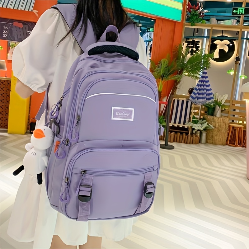 Simple Solid Color Backpack, Large Capacity Schoolbag With Cute