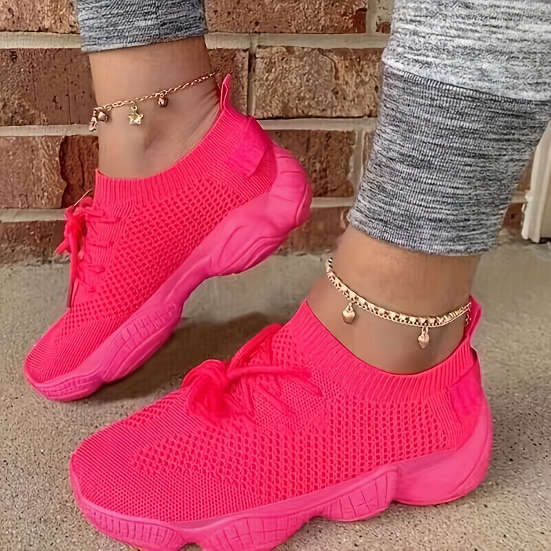 Summer Knit Sneakers Woman Brand Design Trainer Shoes Ladies Breathable  Flat Gym Sport Footwear Pink Orange Color