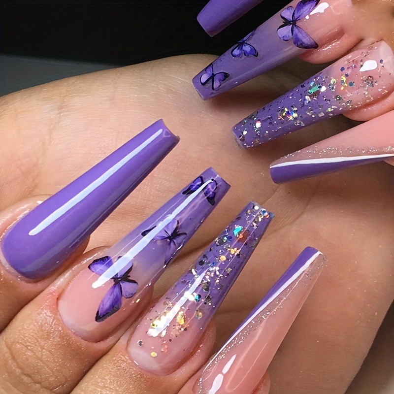 Purple Glitter Fake Nails French Press On Nails With Sequin - Temu