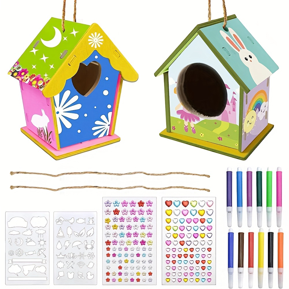 6 Wooden Birdhouse Kits - DIY Arts & Crafts Set for Kids - Includes Paint & Stickers