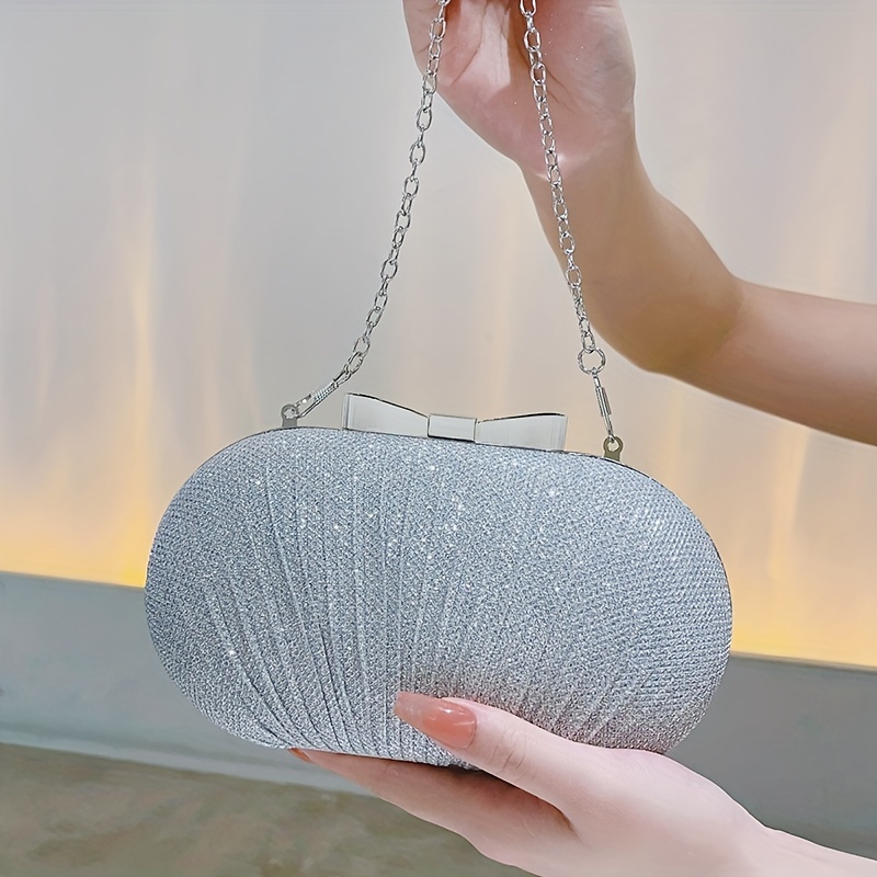 Glitter Bow Knot Clutch Bag Metal Chain Handbag