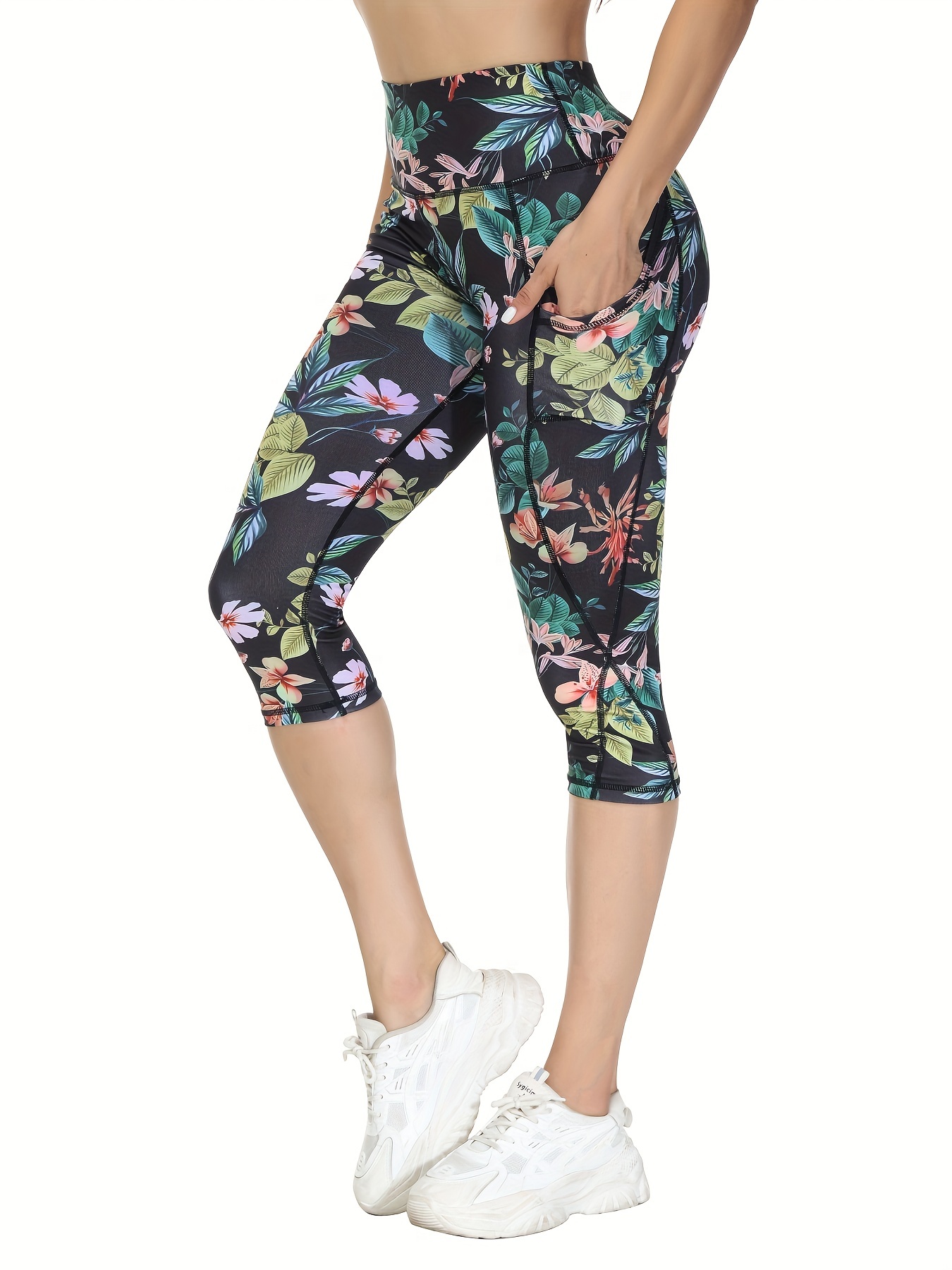 High Waisted Yoga Capris Pockets Floral Print Tummy Control - Temu Canada