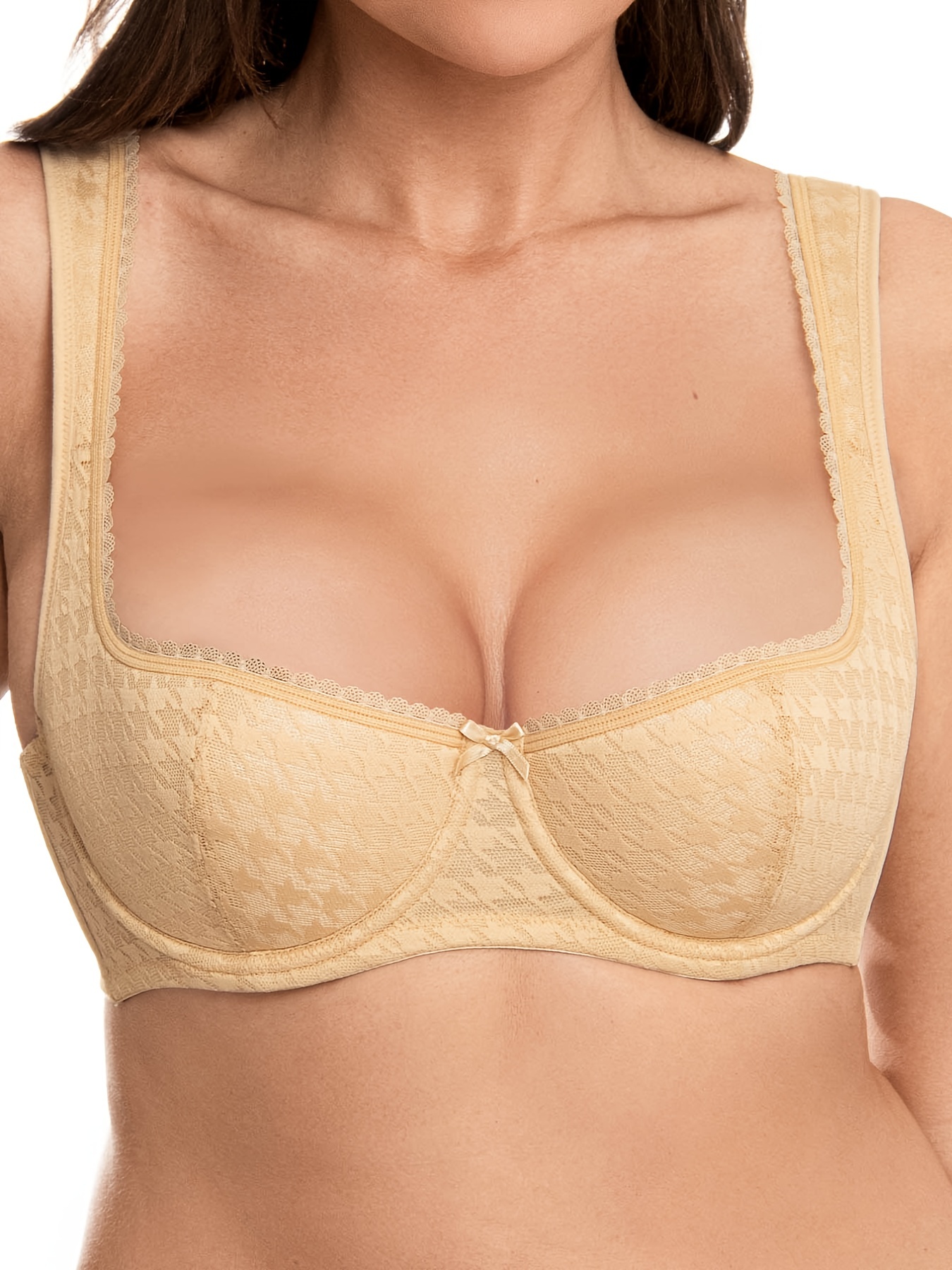 Plus Size Solid Contrast Lace Full Cup Comfort Bra Women's - Temu