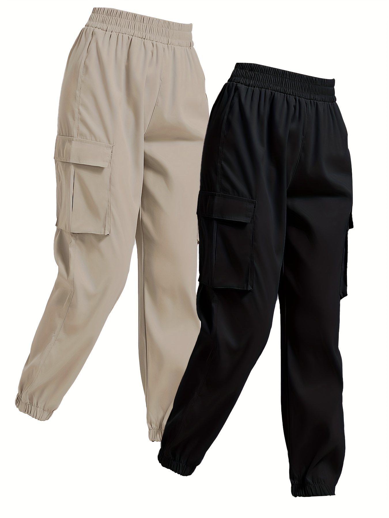 Pantalones Jogger Cargo Sólidos, Pantalones Sueltos Casuales Con Bolsillo  De Solapa Y Cintura Elástica, Ropa De Mujer