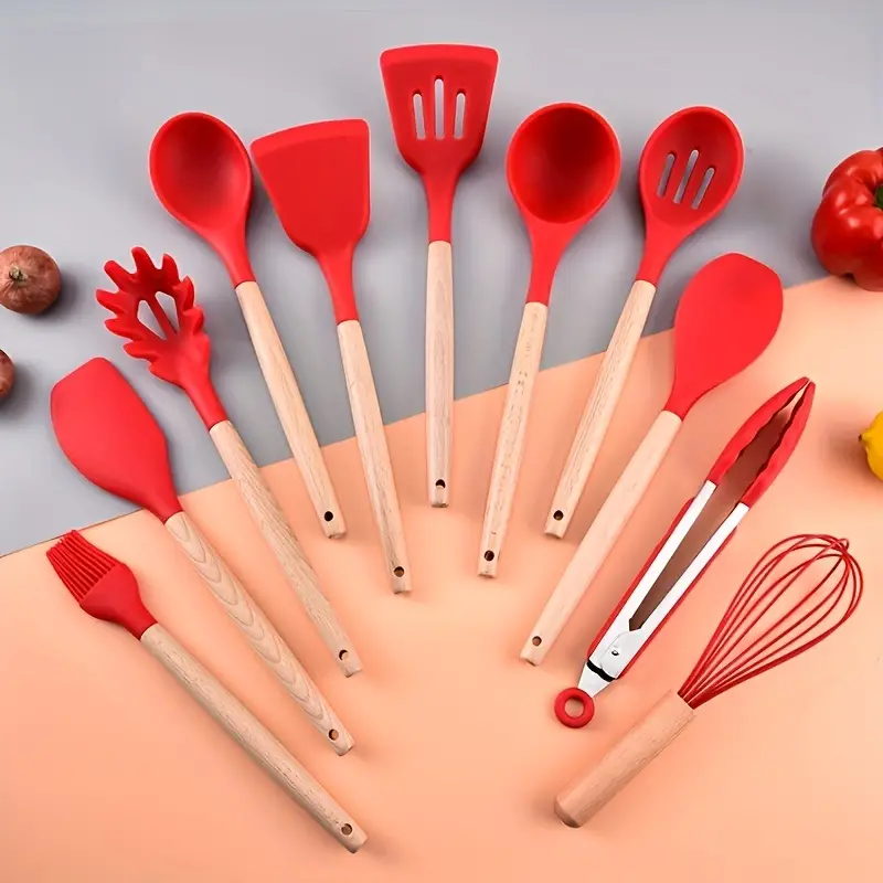 12pcs/set, Silicone Utensil Set, Red Kitchen Utensil Set, Safety Cooking  Utensils Set, Non-Stick Cooking Utensils Set With Wooden Handle, Washable  Mod