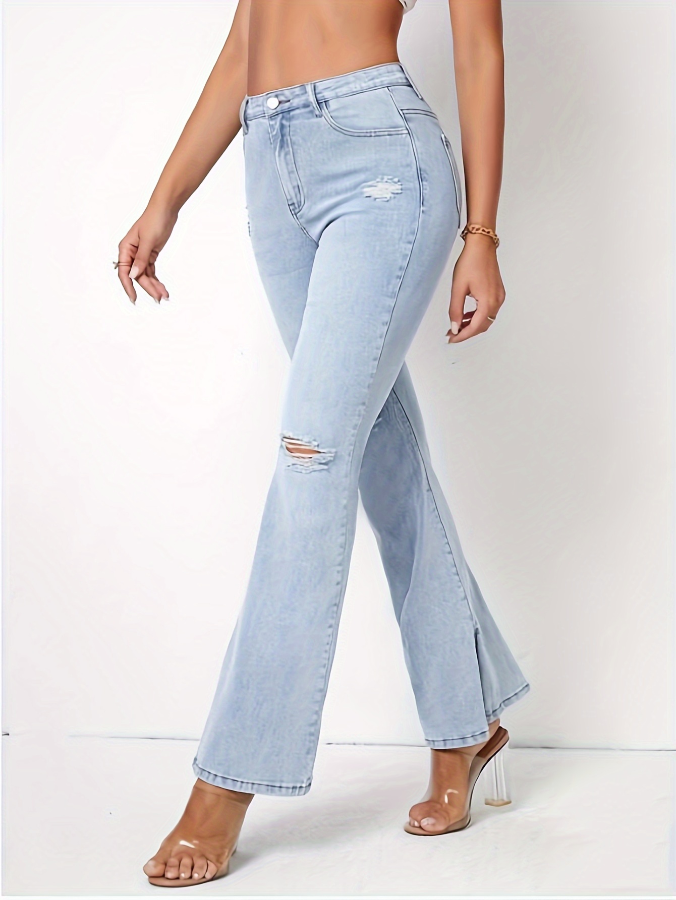 Ripped Holes Casual Flare Jeans High Stretch Slant Pockets - Temu