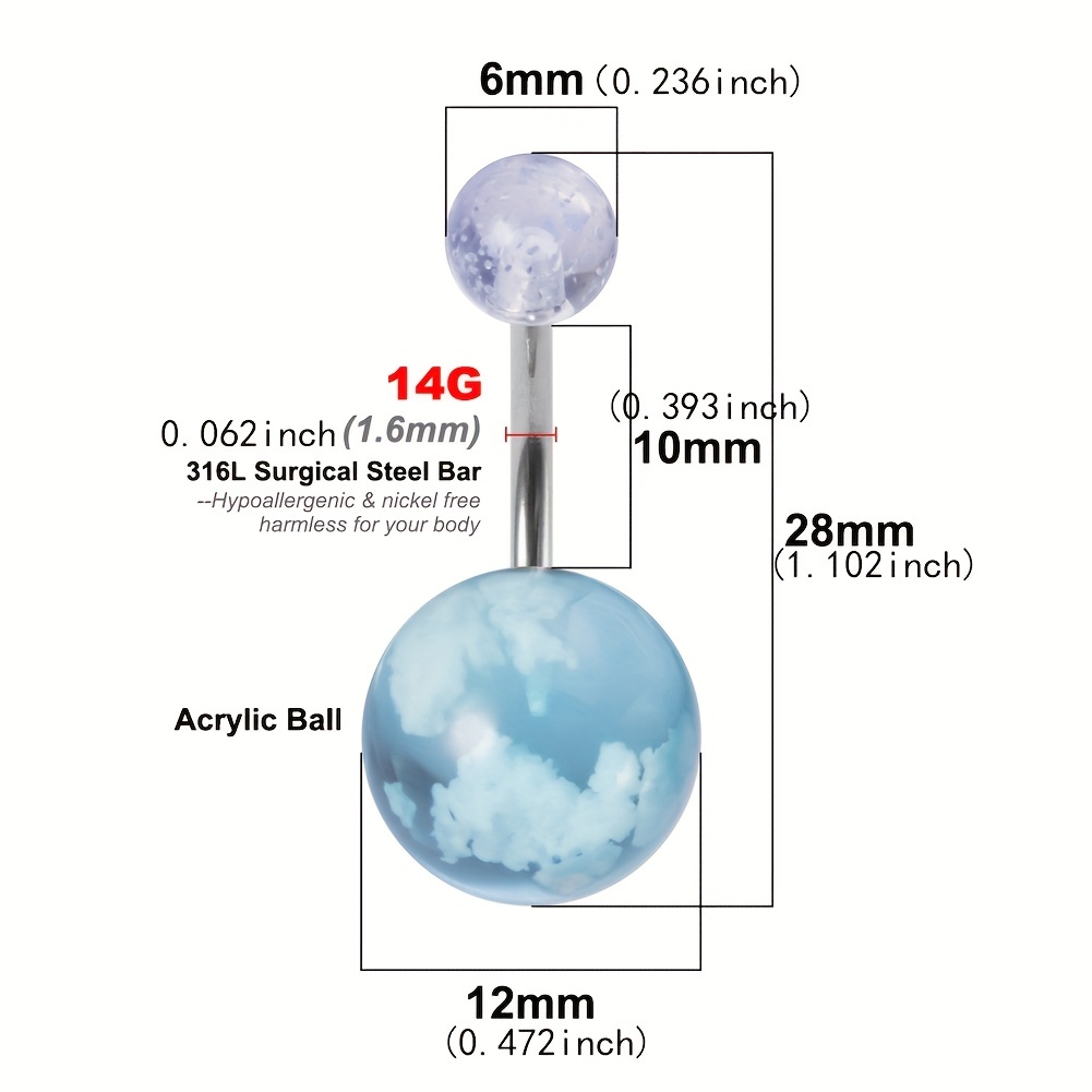 1pc クリアクラウドアクリルボール腹ピアスセット男性用 316L