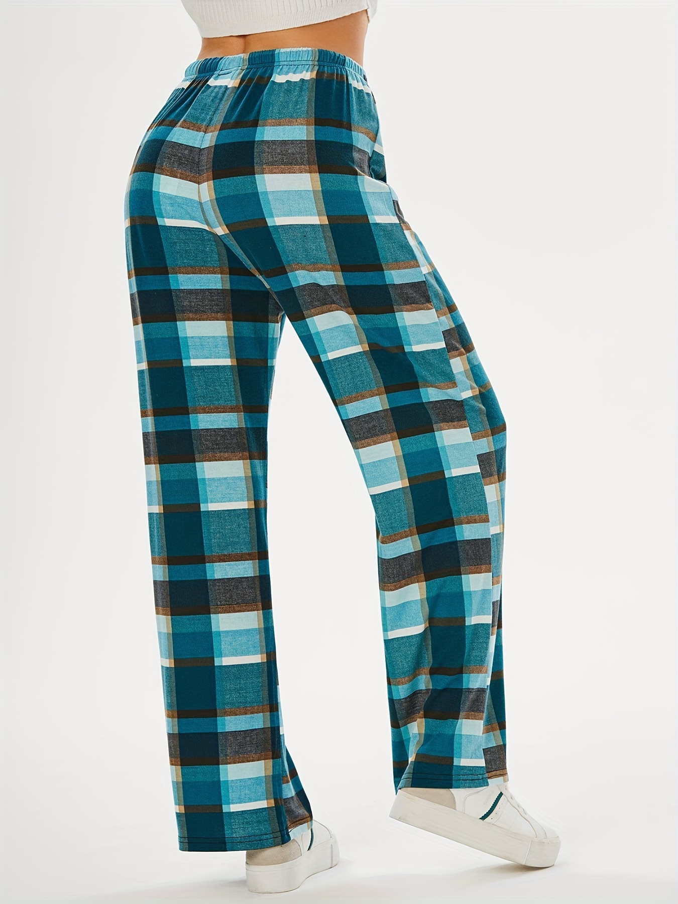 Plus Size Casual Pajama Pants, Women's Plus Plaid Print High Stretch Pajama  Pants