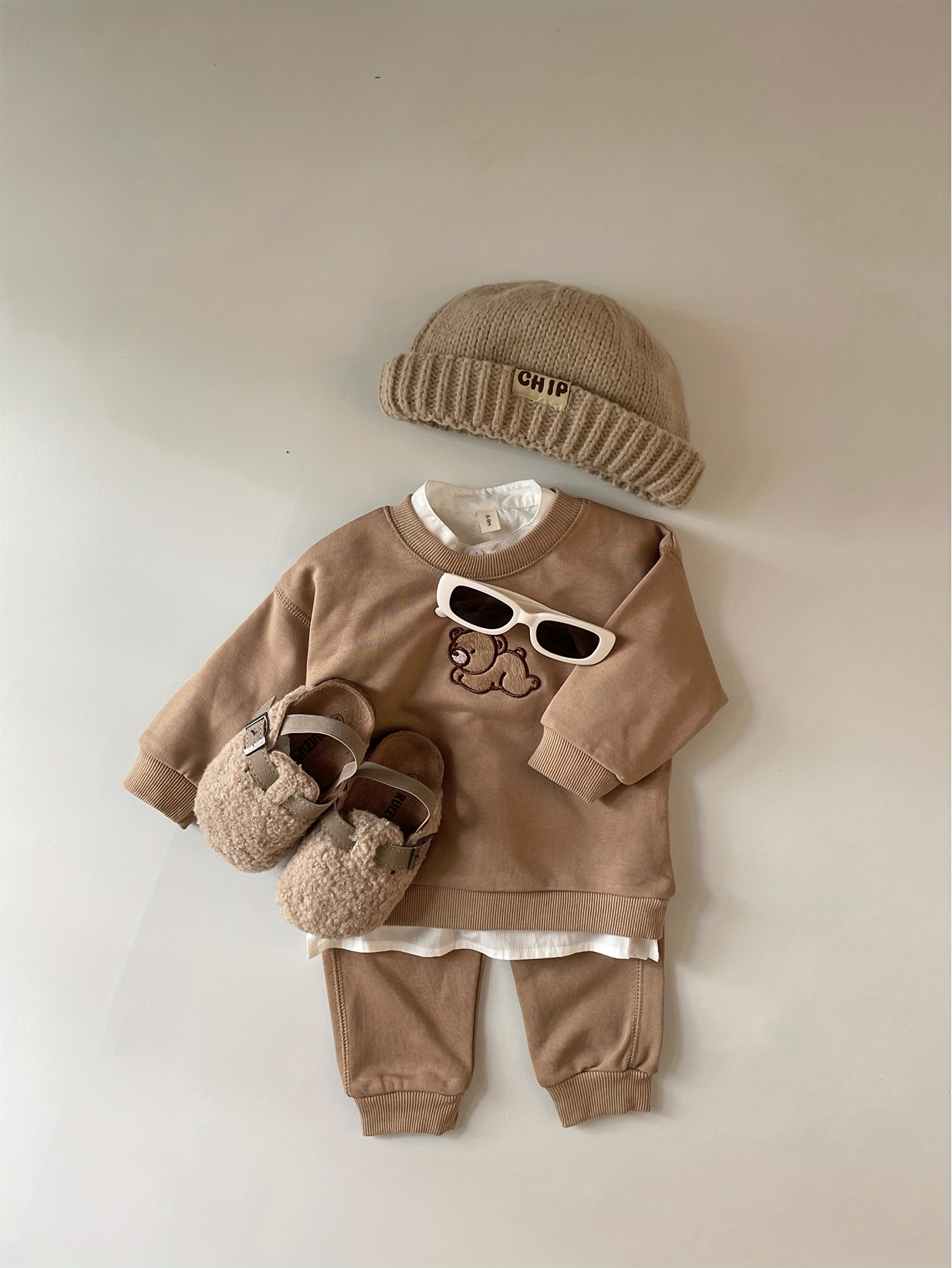 Baby Girls Boys New Cute Bear Hooded Double-sided Fleece Pullover Top Pants  Two-pieces Set, Kids Clothes Autumn And Winter