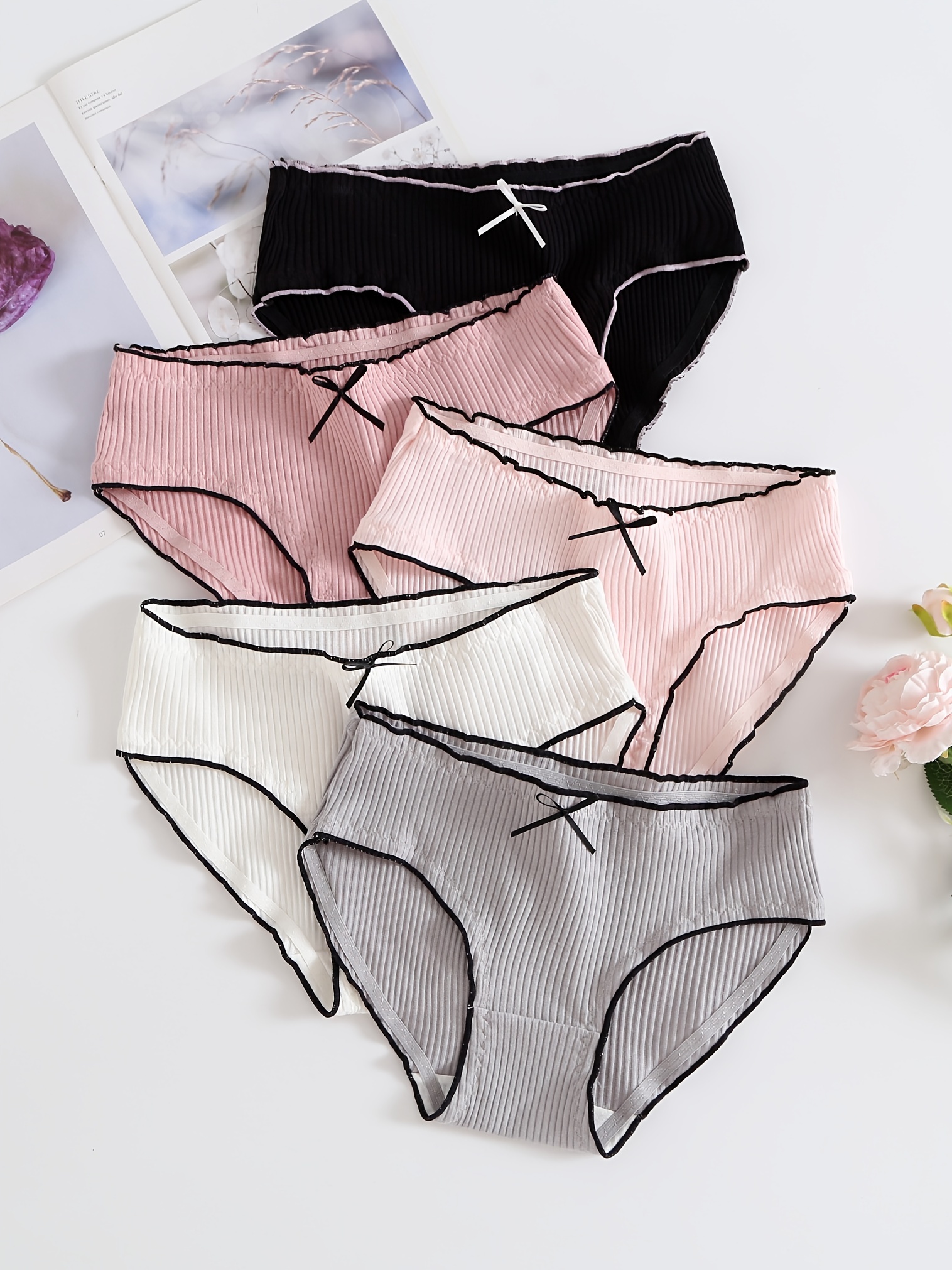 5pcs Bow Tie Ribbed Briefs, Comfy & Cute Stretchy Intimates Panties,  Women's Lingerie & Underwear