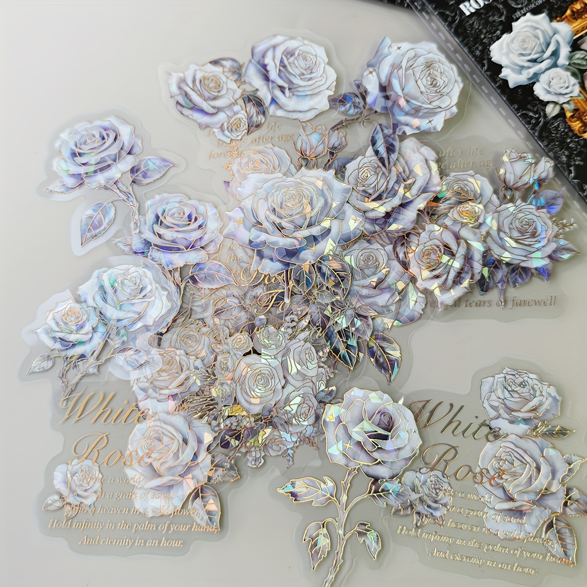 

20pcs/pack Ice Crystal Three-dimensional Laser Flower Retro English Blessing Pet Decoration Diary Material Stickers For Scrapbook Label Diary Stationery Album Telephone Journal Planner