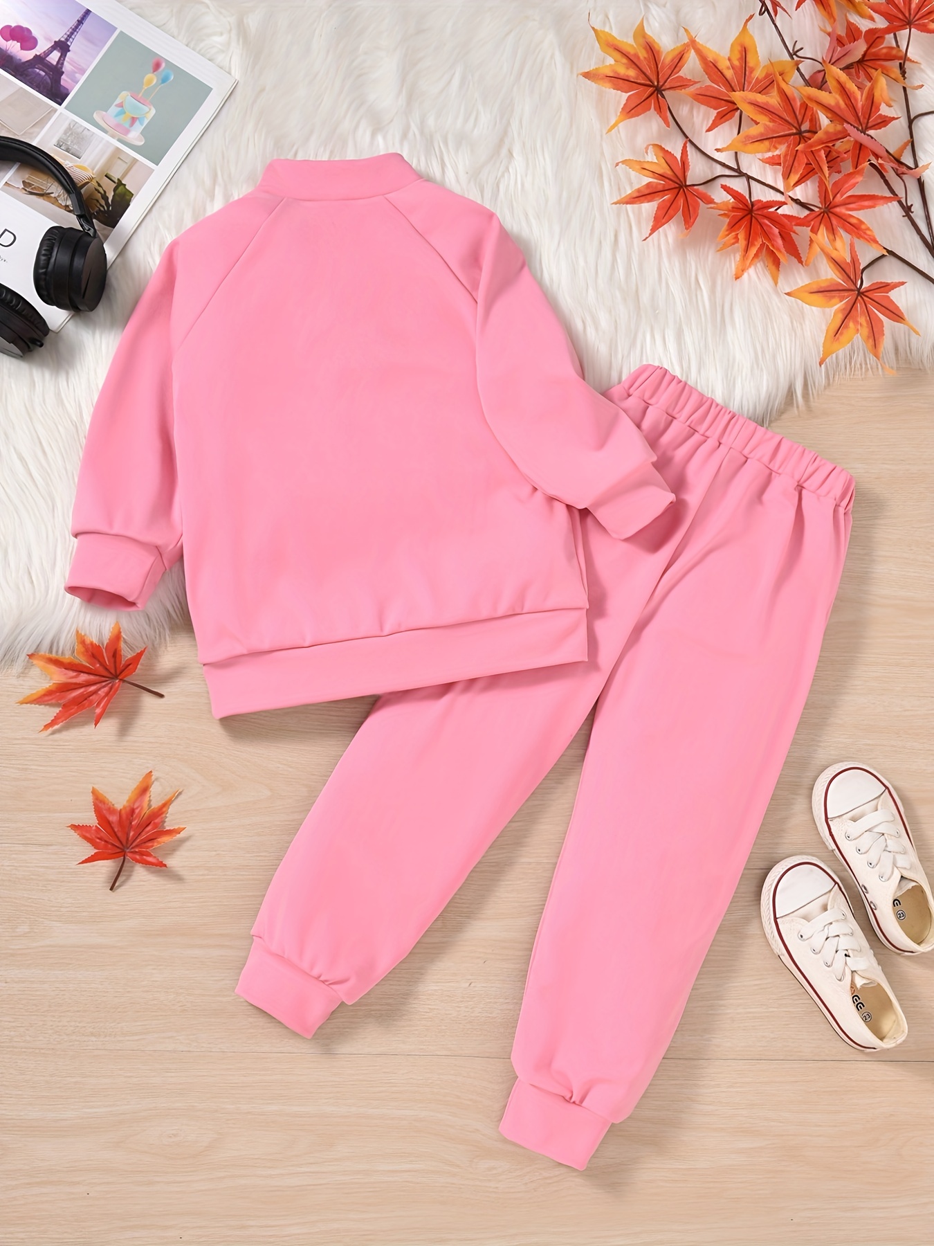 2PCS Girls Solid Outfits, Crew Neck Top + Jogger Pants Set Comfy Outfits  For Spring Fall Gift