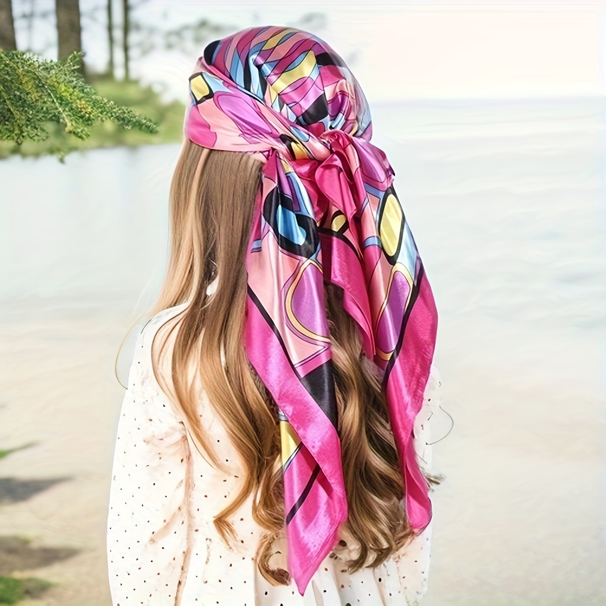 

35.4" Colorful Satin Rhombic Grid Square Scarf, Stylish Thin Smooth Shawl, Windproof Sunscreen Head Wrap For Women