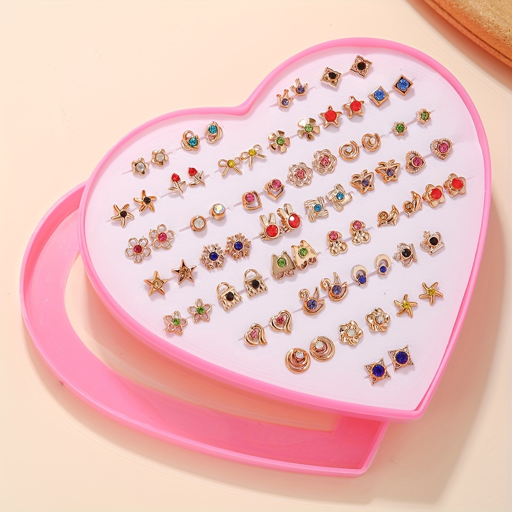 

Colorful Sparkling Rhinestone Decor Stud Earrings Set With Heart Shape Box Retro Simple Style Zinc Alloy Jewelry Female Gift