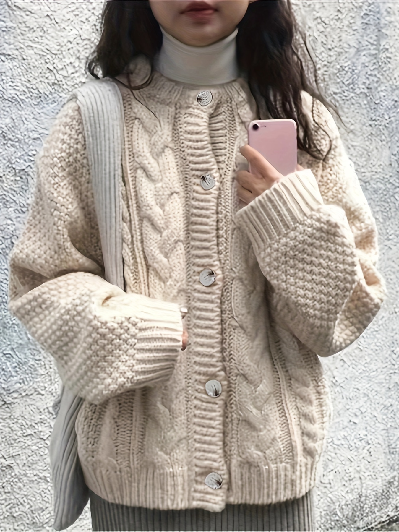 Solid Button Cable Knit Cardigan Casual Long Sleeve Loose - Temu