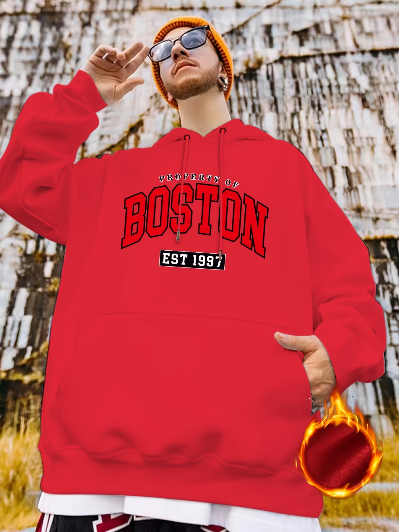 Men's Plus Size 'BOSTON' Print Plain Color Warm Fleece Drawstring Long  Sleeve Hoodie, Thick Thermal Oversize Casual Clothing For Autumn Winter,  For