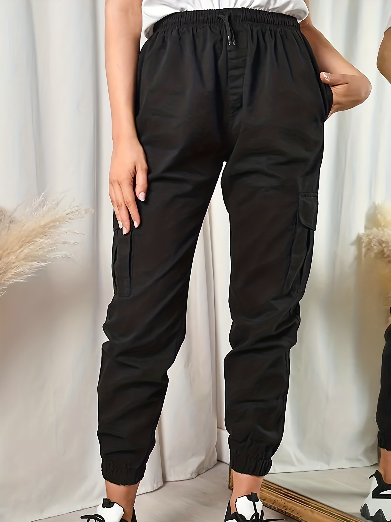 Plus Size Casual Pants Damen Plus Solide Elastische - Temu Austria