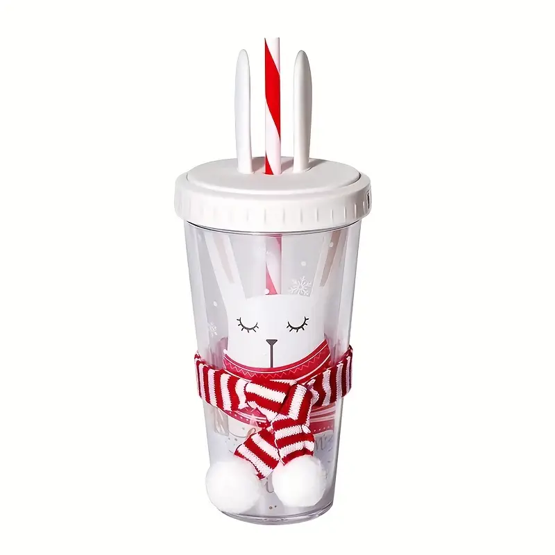 Cute Christmas Deer Rabbit Straw Cup, Creative Double Layer Plastic Cup,  For Christmas Gift - Temu