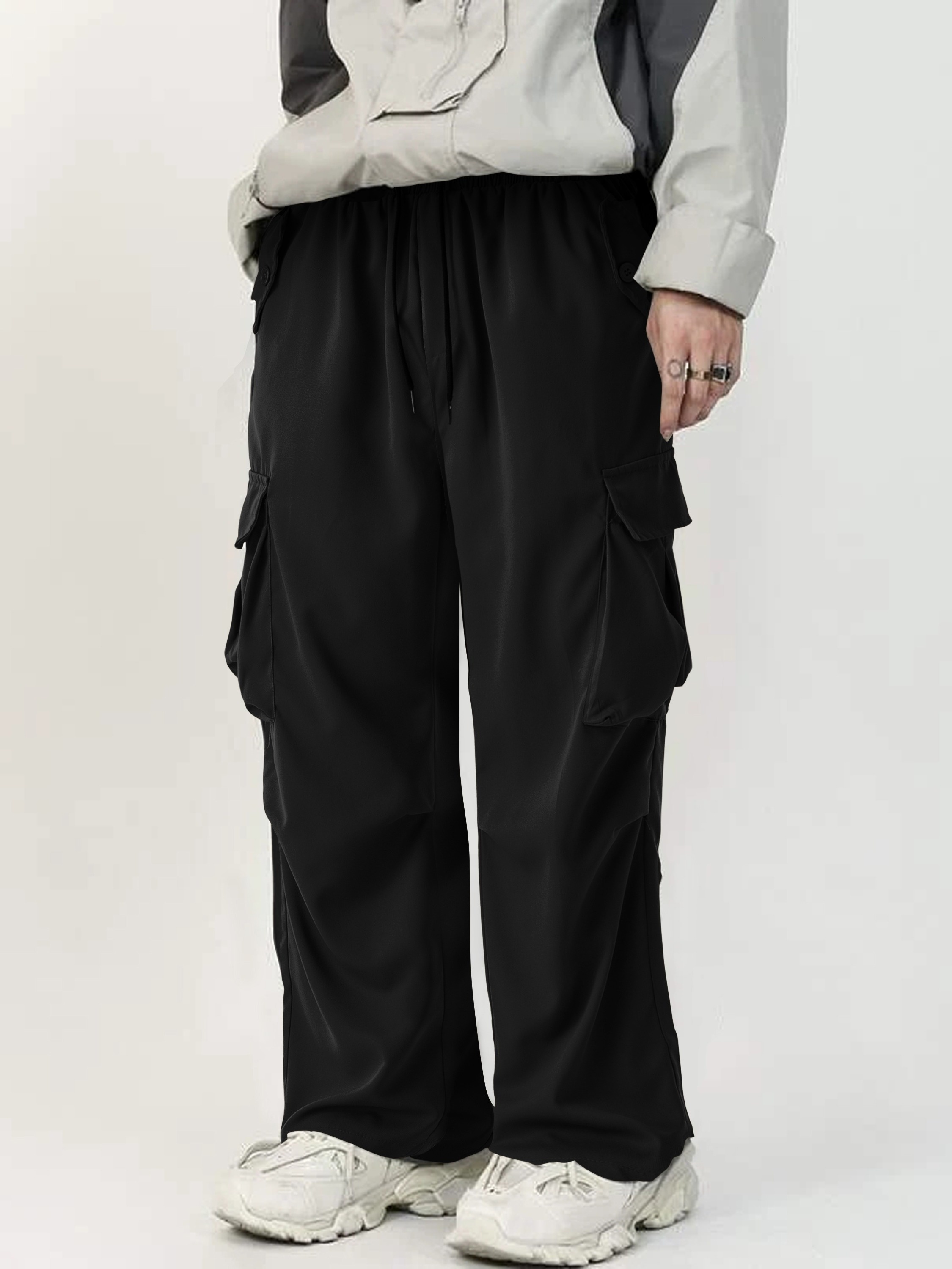 Solid Flap Pocket Loose Cargo Pants Casual Streetwear - Temu Canada
