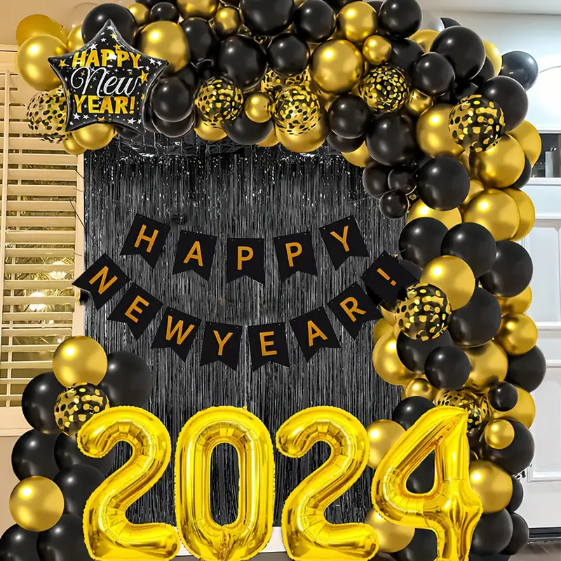 91pcs, Ensemble de ballons d'arche de fête noire et dorée pour la  décoration de la nouvelle année 2024, ensemble de ballons en film  d'aluminium pour