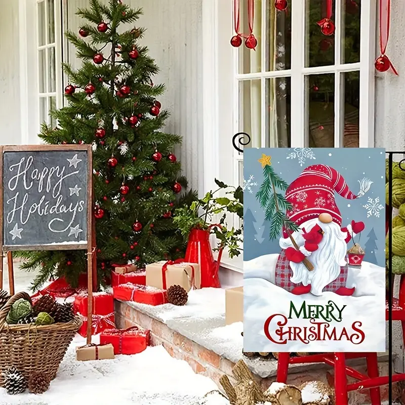1pc Christmas Gnome Garden Flag Winter Garden Flags 12x18 Double Sided Yard Flag Decorations Outdoor Christmas Gnomes Burlap Banners Flags Merry Christmas Santa Garden Flag Home Decor Gifts details 4