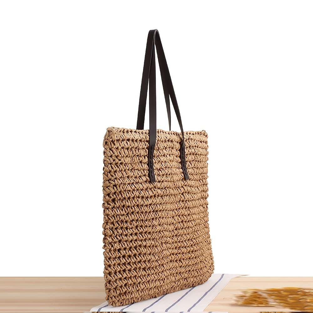 Women's Simple Straw Bag, Trendy Tote Bag For Travel, Large Zipper