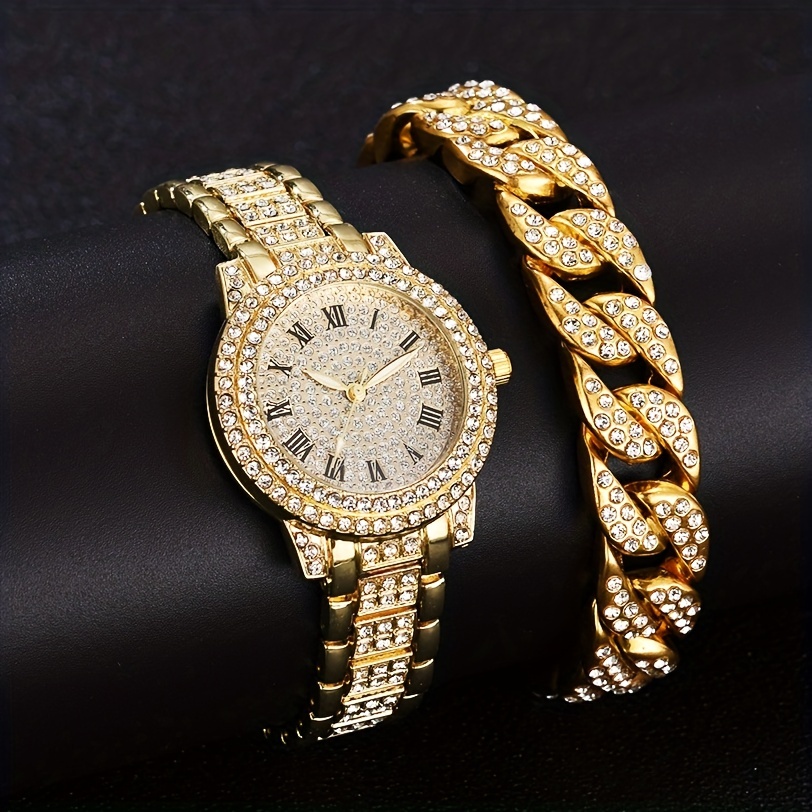 1/2 ピース/セット高級ラインストーンクォーツ時計ヒップホップファッションアナログ腕時計 ブレスレット 女性男性へのギ - Temu Japan