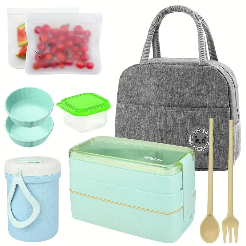 Lunch Boxes, Leak-proof Stackable Three-in-one Compartment Lunch Box, Lunch  Box Set With Insulation Bag, Soup Cup, Tableware, Cake Cup, Sauce Storage  Container And Snack Bag, Kitchen Supplies - Temu