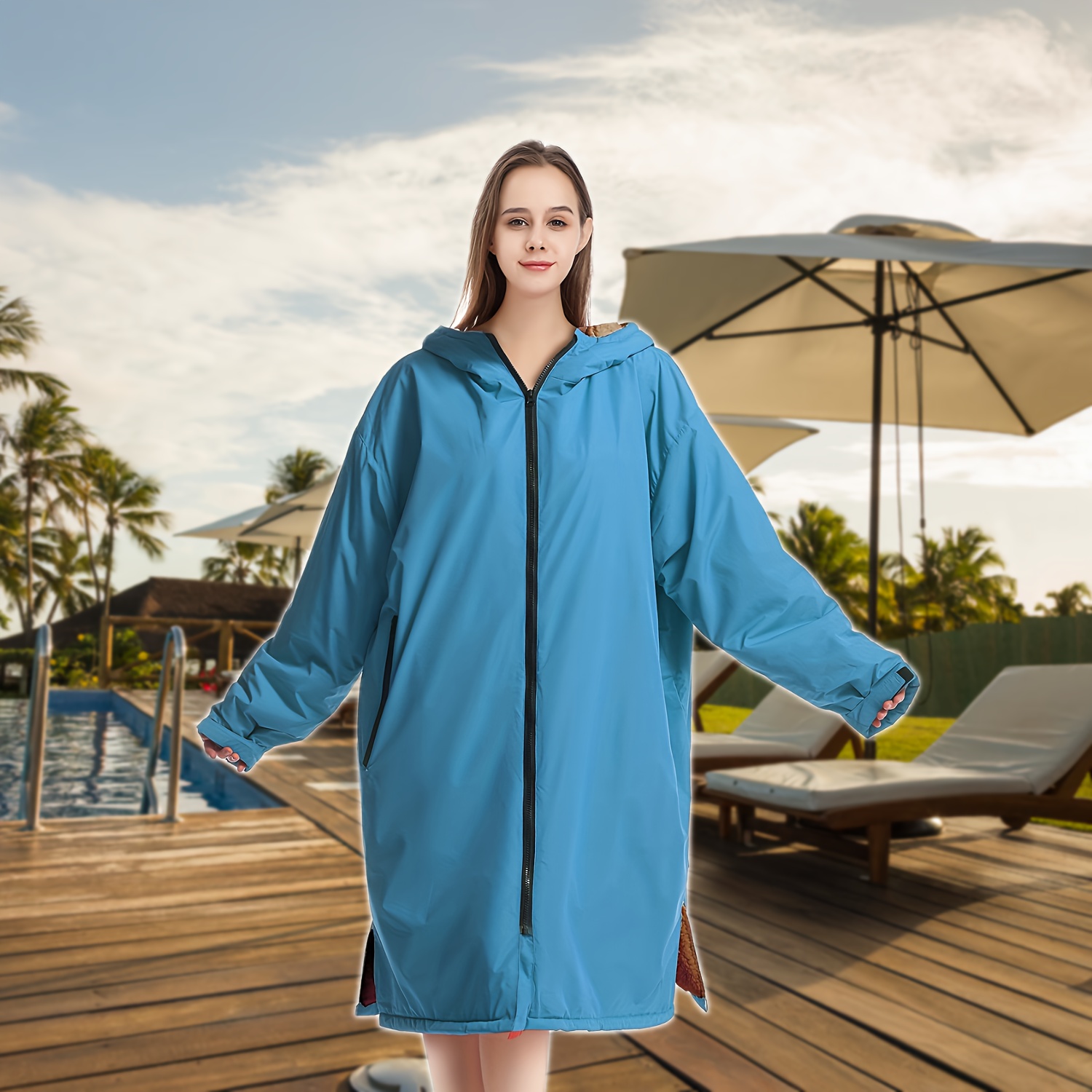 Surf Poncho Changing Robe Hooded Towel Surf Hoodie Swim Parka Thick 100%  Cotton Blue Black Charcoal Zippered Pocket Banana Leaf Print -  Norway