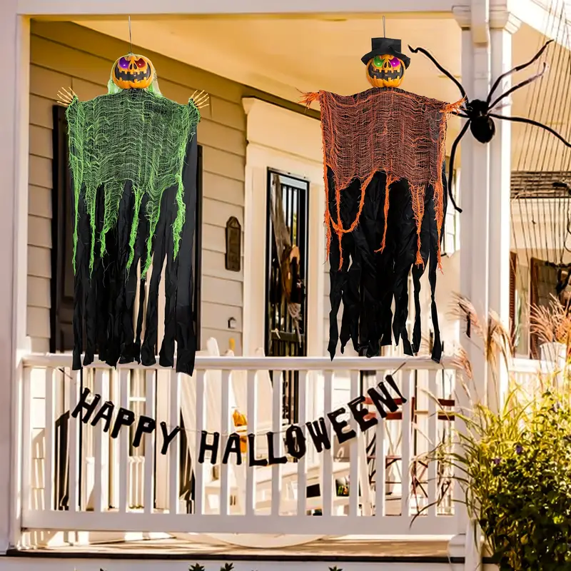 2pcs hanging ghost pumpkin with bendable arms halloween skeleton pumpkin decorations with color changing lighted eyes for halloween party lawn outdoor indoor decor details 4