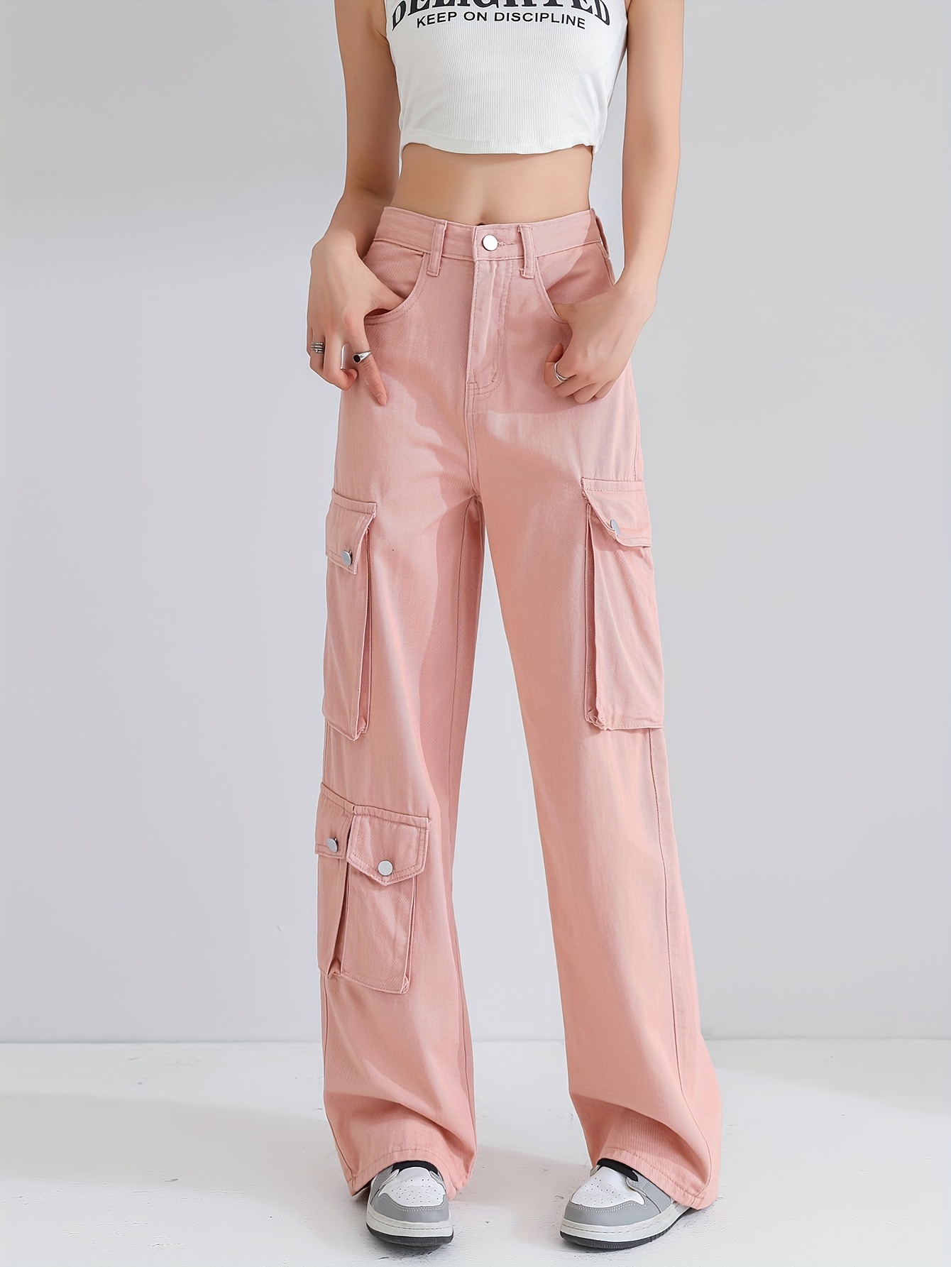 Hot Pink Pants Jeans Y2k Baggy Women Straight Leg Denim Streetwear