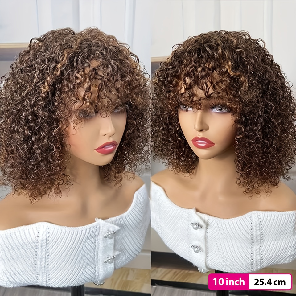 250D Highlight Color Short Curly Bob Human Hair Wig with Bangs - Glueless Brazilian Remy Hair Wig for Women, Natural Look, Versatile Style, Suitable for All Light Beige Tones, Easy to Wear for Parties & Everyday Use, Versatile Hairpiece | Natural Hairline Wig | Highlighted Wig, Wig Accessories