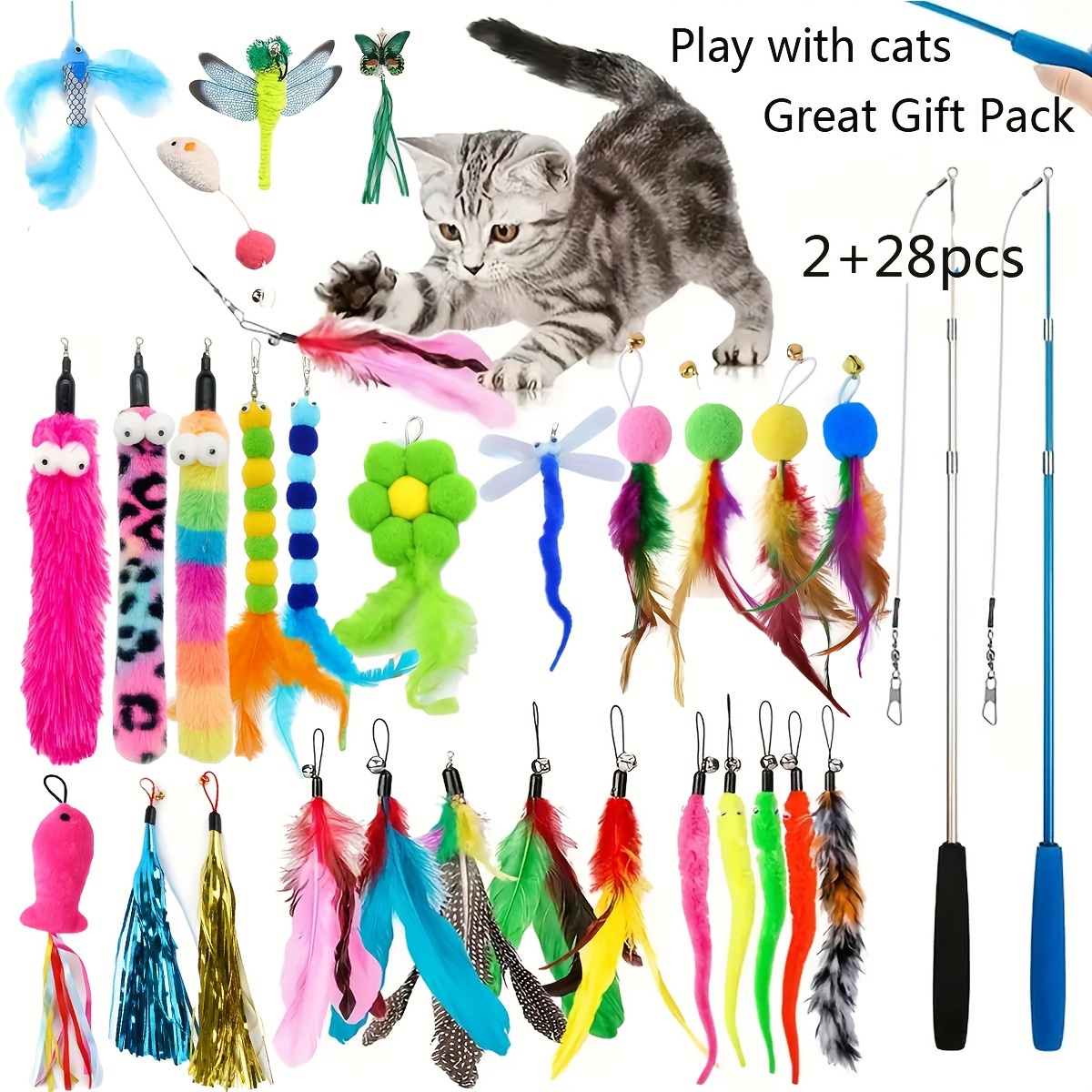 Cat Toys Set Retractable Wand Toy Assorted Varieties Feather - Temu