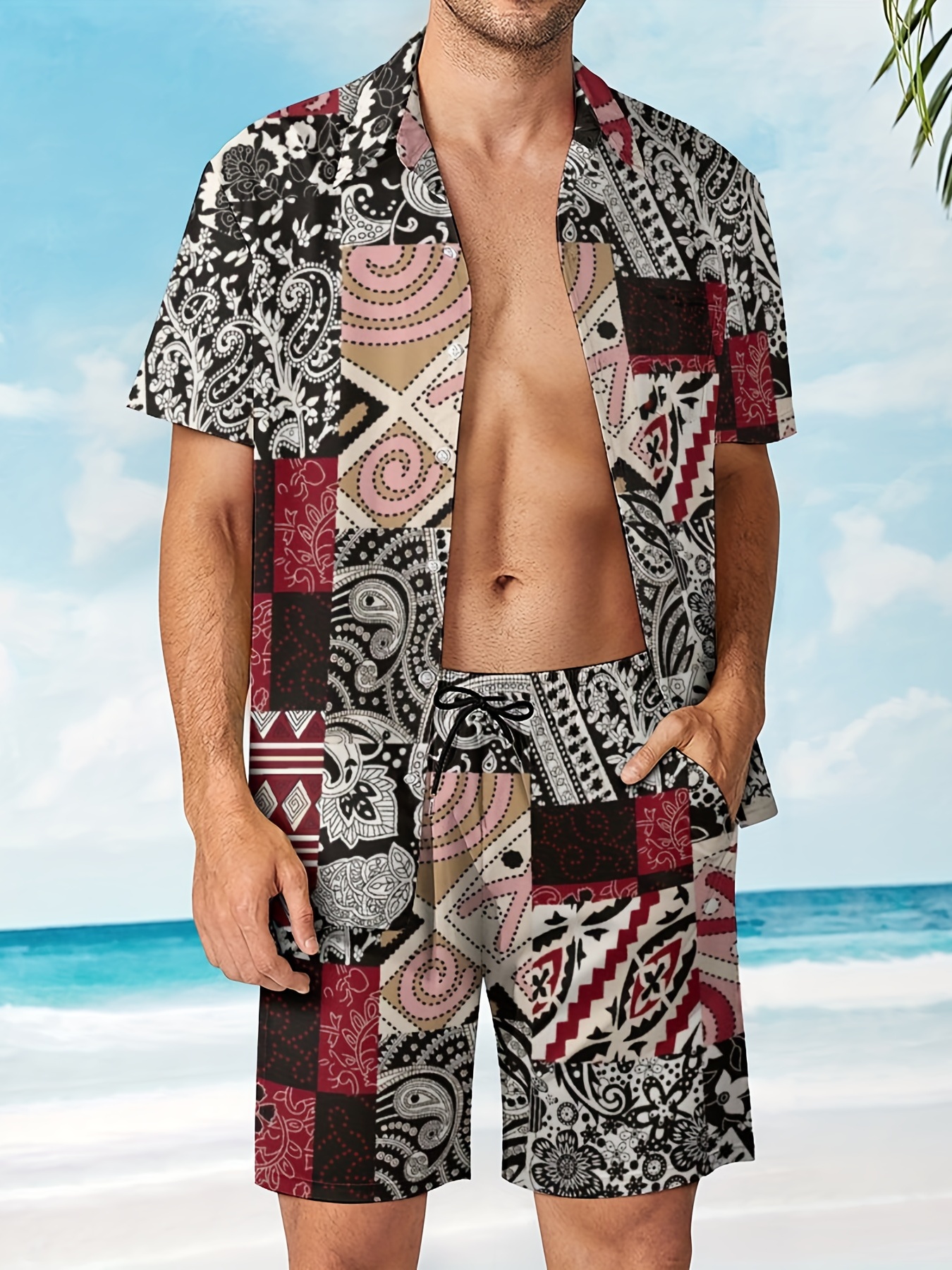 Temu Plus Size Tropical Trees Print Men's Beach Vacation Shirt Shorts Set for Summer, Hawaiian Style Oversized Graphic 2pcs Outfits for Big & Tall Guys