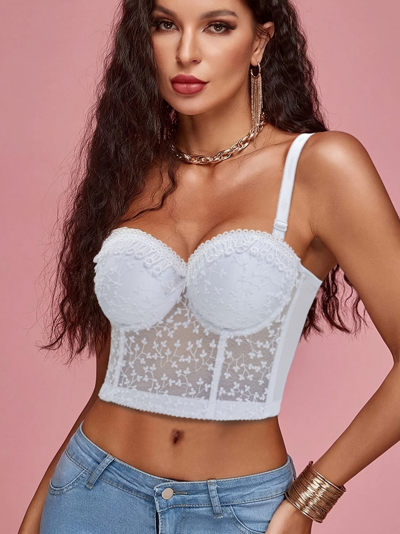 Floral Embroidery Corset Top Contrast Mesh Push Slimmer Cami - Temu
