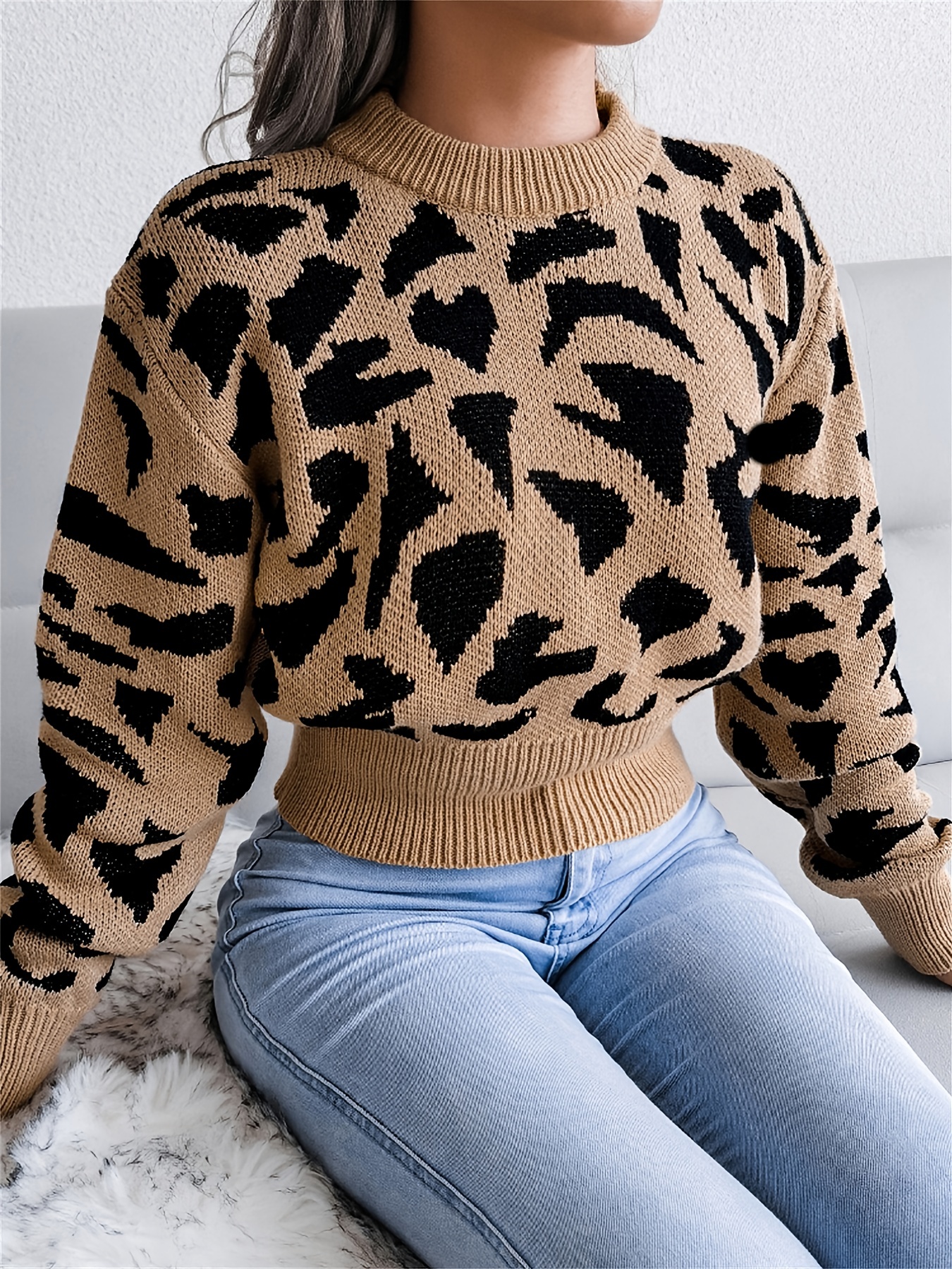 Leopard Print Crop Sweater Casual Crew Neck Long Sleeve - Temu Canada