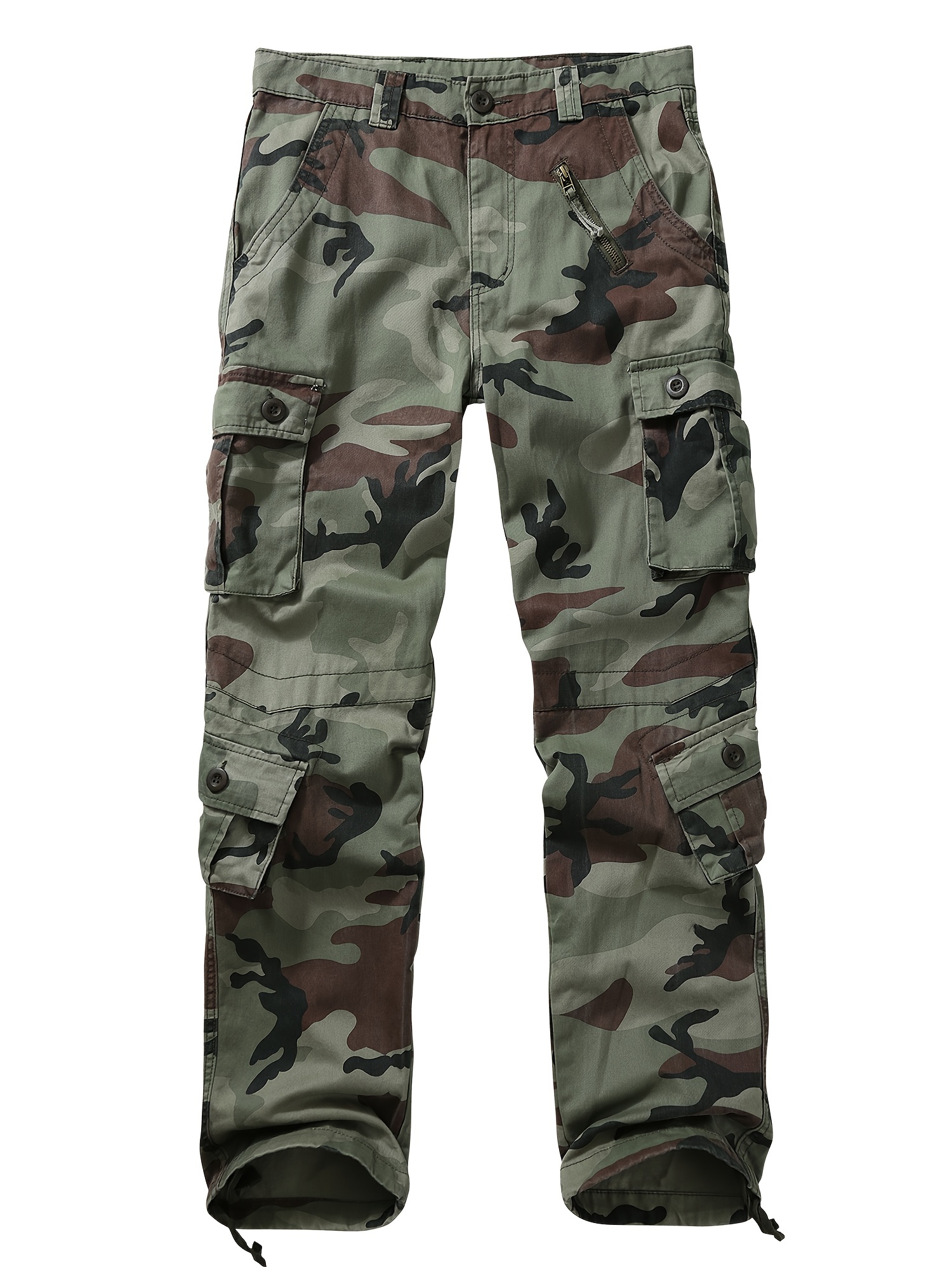 AKNAVY Solid Cotton Camo Multi Flap Pockets Men's Straight Leg Cargo Pants,  Loose Casual Outdoor Pants, Men's Work Pants For Hiking Fishing Angling